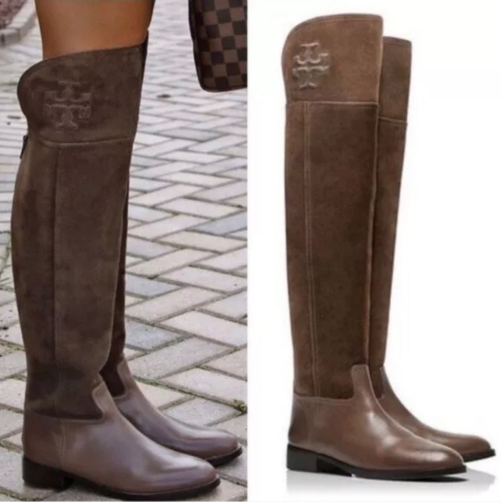 ●New●Tory Burch Gray/Taupe Over The Knee Leather Boots